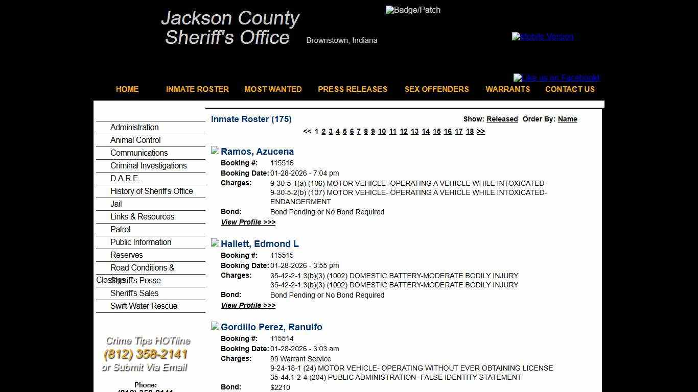 Inmate Roster - Current Inmates Booking Date Descending - Jackson County IN Sheriff
